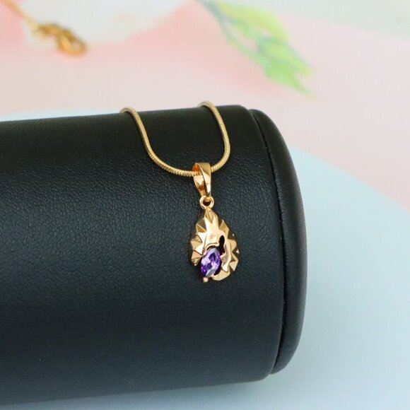 "Gold Teardrop Pendant with Marquise Purple Stone and Artistic Texture, XPPT1723 - Picture 5 of 13